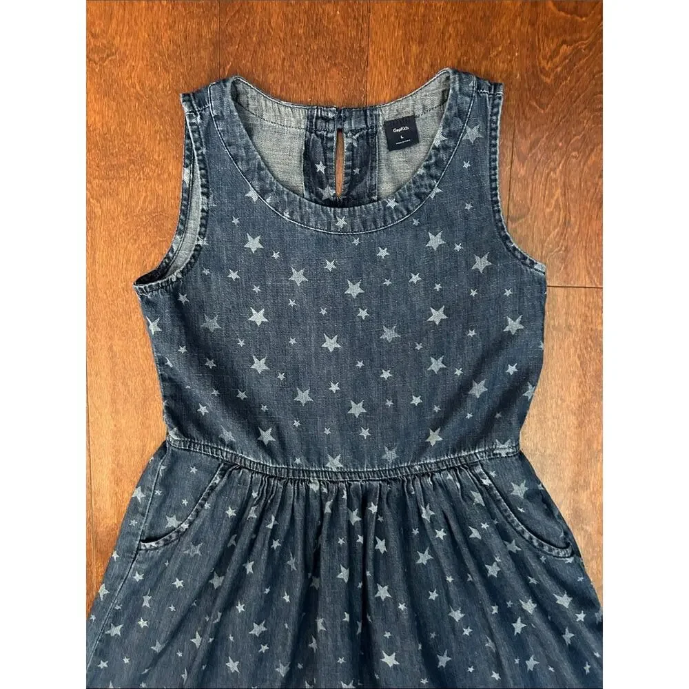Gap Kids Star-Print Blue Denim Dress, Great 4th of July Summer Dress, Size Lg